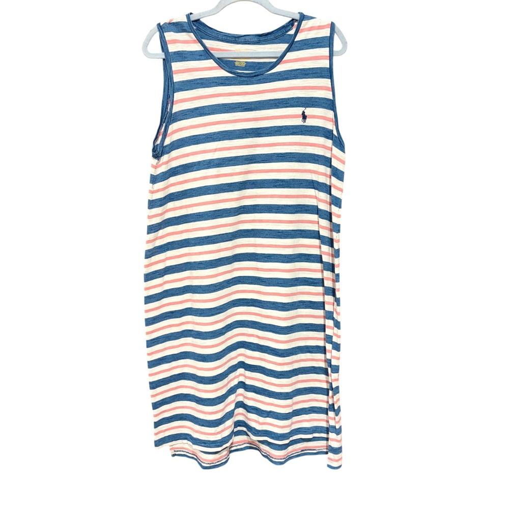 Polo Ralph Lauren Blue Pink Striped Sleeveless Slub Jersey T-Shirt Dress XL